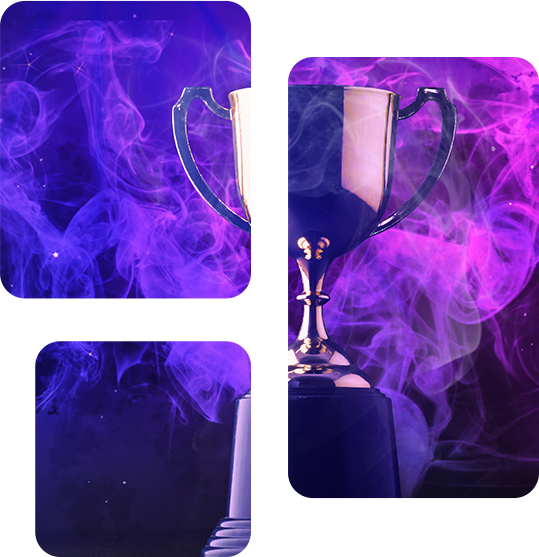 Uma imagem de um trófeu com o fundo roxo e uma cortina de fumaça. A imagem foi dividido em três cartões, do menor ao maior.
